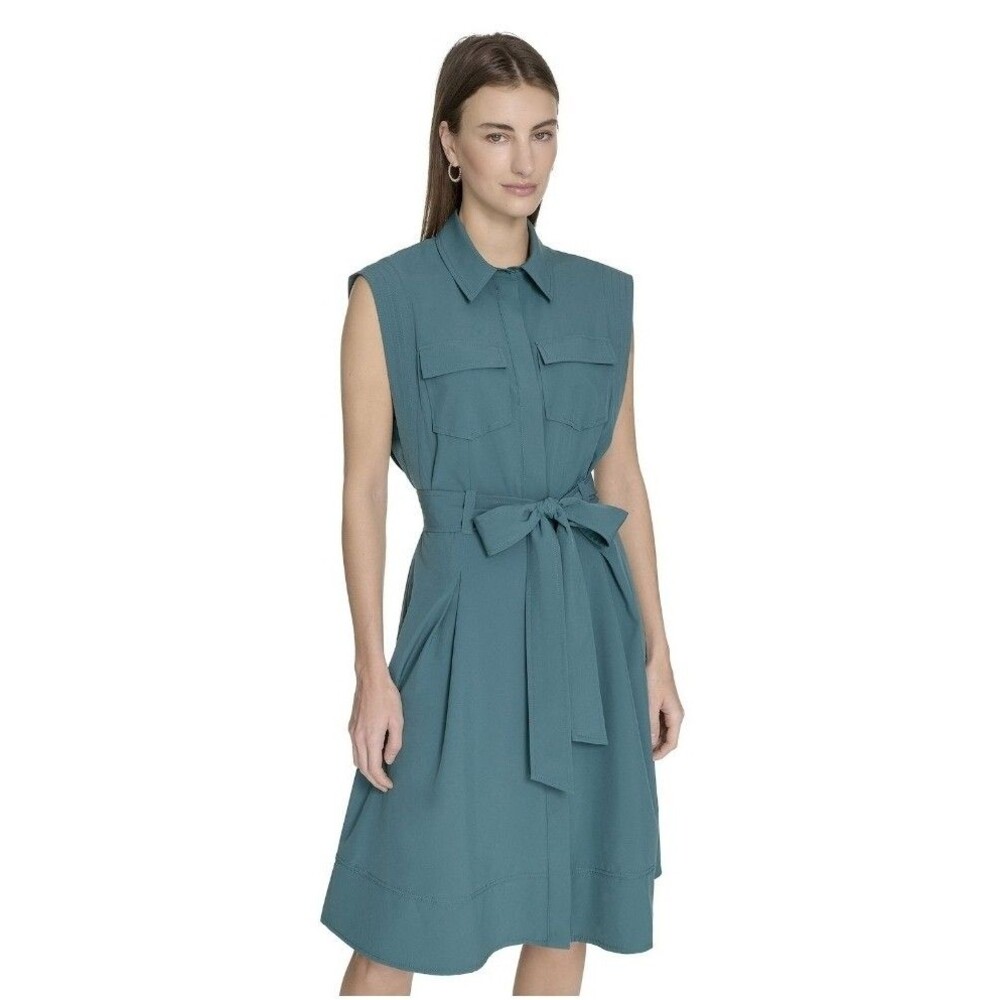 Andrew Marc Women’s Green Solid Sleeveless Button-Front Belted Shirt Dress Sz 12 - Picture 10 of 10